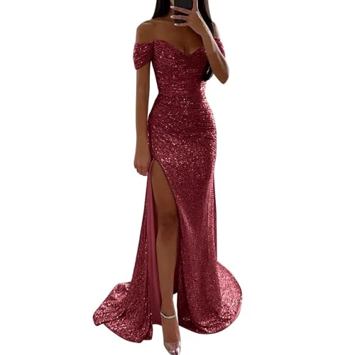 Women's Prom Dress Party Dresses for Women UK Sequin Maxi Dress Off Shoulder Short Sleeve Floor Length Evening Dress Sequins Side Slit Wedding Guest Evening Party Dress Cocktail Prom Ball Gowns Red