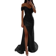 Women's Prom Dress Party Dresses for Women UK Sequin Maxi Dress Off Shoulder Short Sleeve Floor Length Evening Dress Sequins Side Slit Wedding Guest Evening Party Dress Cocktail Prom Ball Gowns Black