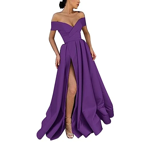 Women's Prom Dress Vintage Elegant Maxi Dress Satin Long Bridesmaid Dresses Off Shoulder Deep V Even