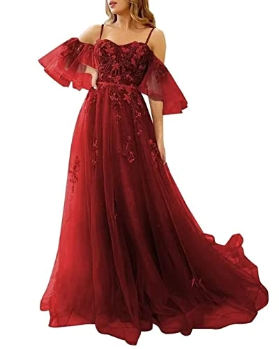 Women’s Prom Dresses Sweetheart Floor Length Off Shoulder Tulle Evening Gowns Spaghetti Strap A-Li