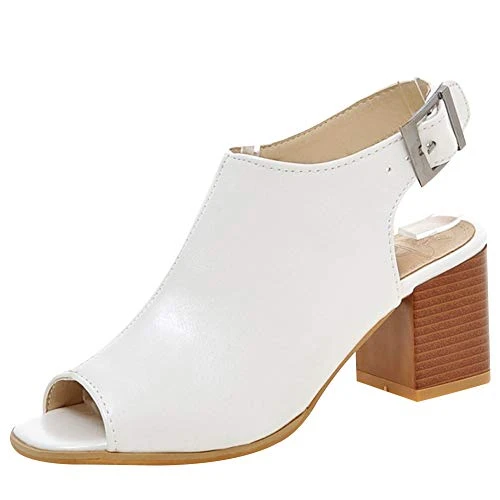 Women's PU Fashion Peep Toe Slingback Pumps Open Back Block Heel Ankle Strap Sandals Booties White S