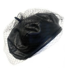 Women's PU Leather 80s Vintage Retro Beret Hat w/Veil Artist Winter Beanie Cap Gift (Faux Leather, Black)