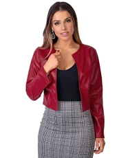 Womens PU Leather Long Sleeve Cropped Blazer Jacket (Dark Red, XS), 4432-DKRED-XS