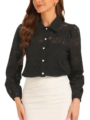 Women's Puff Long Sleeve Button Down Collar Top Casual Elegant Blouse Top, black, M