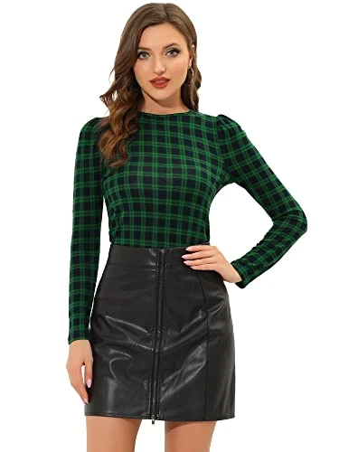 Women's Puff Sleeve Checked Blouse Long Sleeves Knit Stretch Pullover Plaid Top Green 12