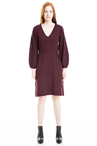 Women's Puff Sleeve Faux Wrap Sweater Dress, Wine, M