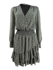 Womens Puff Sleeve Smocked Wrap Dress Black XL