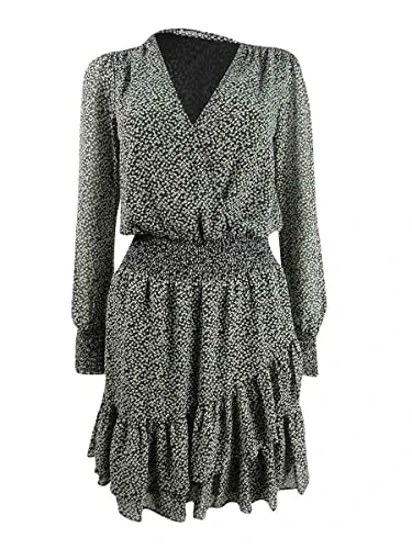 Womens Puff Sleeve Smocked Wrap Dress Black XL