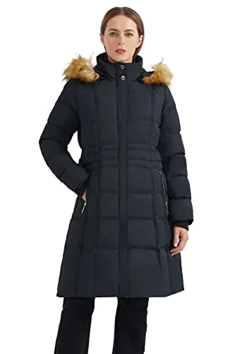 Women's Puffer Down Coat Winter Jacket with Faux Fur Trim Hood Black L