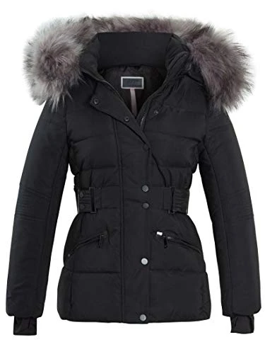 Womens Puffer Parka Faux Fur Coat Black