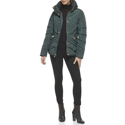 Women's Puffer Quilted Cold Weather Coat Transitional Jacket, Green, L