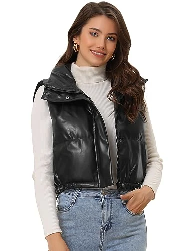 Women's Puffer Vest Lightweight Cropped Quilted Padded Zip Up Sleeveless Jacket, Black, L