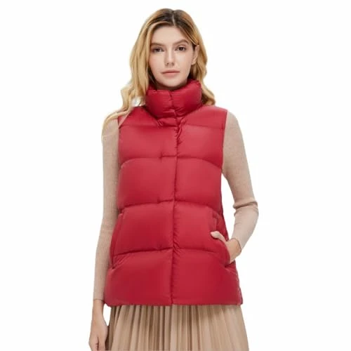 Women's Puffer Vest Stand Collar Thickened Down Jacket Sleeveless Jacket Vest with Pockets Wine Red 