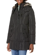 Women's Puffer with Faux Fur Lined Hood Down Alternative Coat, Black, S Women's Puffer with Faux Fur Lined Hood Down Alternative Coat, Black, S