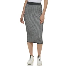 Women's Pull-on Rib Knit midi Skirt, Black/White, XXS