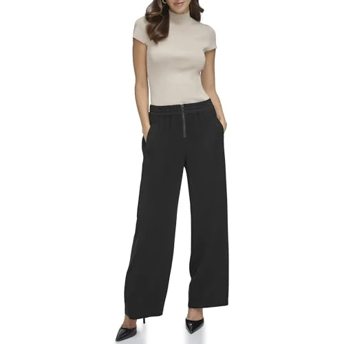 Women's Pull On Wide Leg Twill Trousers Casual Pants, Black, L