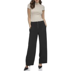 Women's Pull On Wide Leg Twill Trousers Casual Pants, Black, L
