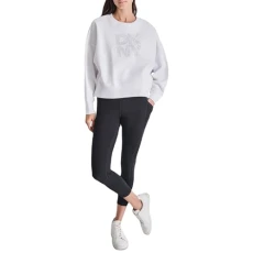 Women's Pullover Blouson Sleeve Stacked Mixed Rhinestone Logo Fleece Sweatshirt, White, Large Women's Pullover Blouson Sleeve Stacked Mixed Rhinestone Logo Fleece Sweatshirt, White, Large
