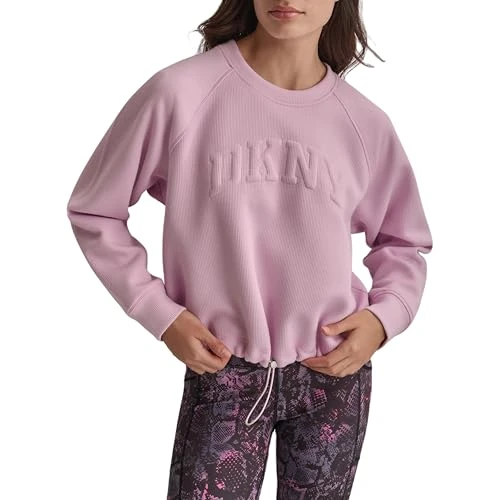 Women's Pullover Blouson Sleeve Varsity Puff Logo Fleece Sweatshirt, Pink Lavender, S