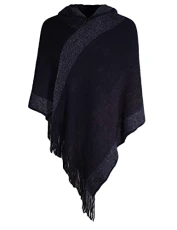 Women's Pullover Shawl Golden Trim Knit Wrap Fringe Hooded Cardigan Poncho Cape(Solid Navy)
