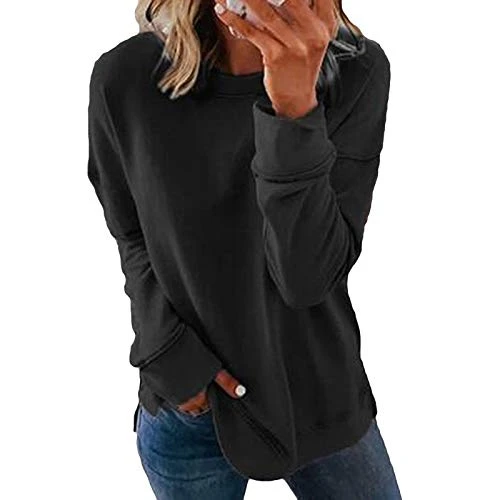 Women's Pullover Sweatshirt Long Sleeve Crew Neck Women Casual Fashion Long Sleeve Solid Round Collar Hoodie Tops Sweatshirt Women's Basic Crew Neck Long Sleeve Shirt, black, L