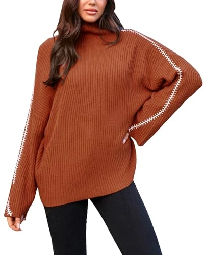 Women's Pullover with Turtleneck Casual Long Sleeve Knitted Top Turtleneck Jumper, Maroon, L