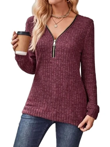 Women's Pullover Zip Neck Long Sleeve Shirt Soft Ribbed Knit Casual Knitted Jumper Tops Tunic Tops, 