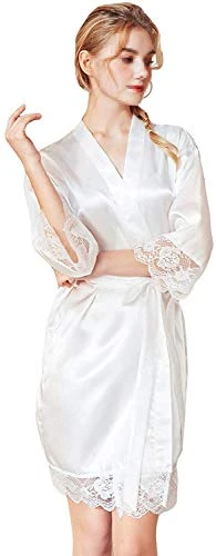 Women's Pure Color Kimono Robes V-Neck Bridesmaid Wedding Party Dressing Gown (UK(12-14), White)