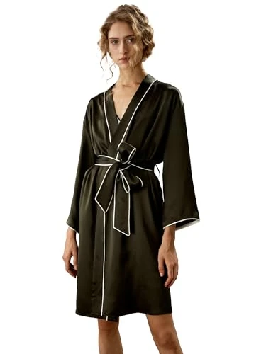 Womens Pure Silk Robe Ladies 22MM Long Sleeves Contrast Piping Nightwear with belt Sleepwear Loungewear for Home(Dark Olive,S)