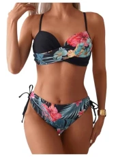 Women's Push Up Bikini Set Underwire Floral Tie Side Hipster Swimsuits 2 Piece Swimwear Black Medium