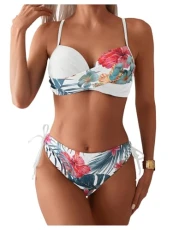 Women's Push Up Bikini Set Underwire Floral Tie Side Hipster Swimsuits 2 Piece Swimwear White Large
