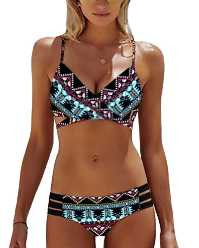 Womens Push Up Bikini Sets Swimwear Floral Boho Sexy Bathing Suit Camouflage Swim Shorts with Adjustable Straps 3 Blue Large