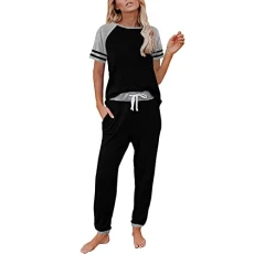 Women's Pyjama Set Short Sleeve Colour Block Sleepwear Tops with Long Trousers Set Sleepwear Fleece Pyjamas Women, black, S
