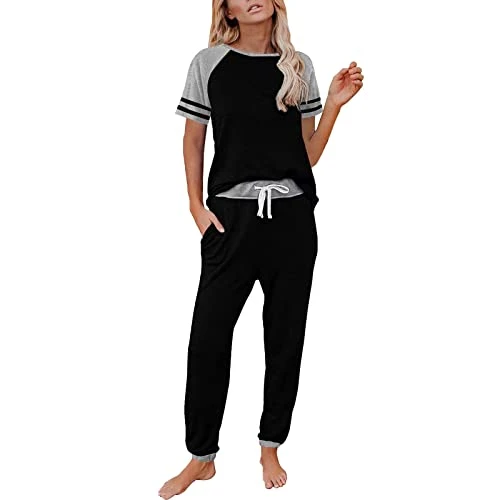 Women's Pyjama Set Short Sleeve Colour Block Sleepwear Tops with Long Trousers Set Sleepwear Fleece Pyjamas Women, black, S