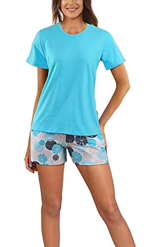 Womens Pyjama Set Short Sleeves Cotton Nightwear Top and Bottom Sleepwear Turquoise XL 2498/09