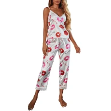 Women's Pyjama Set, Soft Sets, Sexy Lace Print Night Shirt Set, White, M