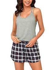 Women's Pyjama Sets Sleeveless Cotton Sleepwear Racerback Tank Top and Checked Shorts Pjs Set Summer Cami Nightwear Loungewear Dark Gray Women's Pyjama Sets Sleeveless Cotton Sleepwear Racerback Tank Top and Checked Shorts Pjs Set Summer Cami Nightwear Loungewear Dark Gray