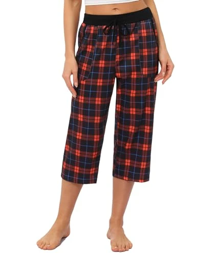 Womens Pyjamas Bottoms Lounge Capri Pants Soft Checked Cropped Pajama Bottoms Sleepwear Pants with Pockets