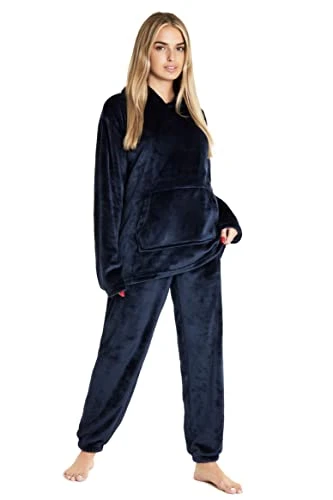 Womens Pyjamas, Hooded Fleece Pyjamas Women and Teens, Fluffy Loungewear Set, Cosy Fleece PJs (Navy, M)
