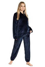 Womens Pyjamas, Hooded Fleece Pyjamas Women and Teens, Fluffy Loungewear Set, Cosy Fleece PJs (Navy, M)