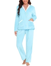 Womens Pyjamas Set Coral Fleece Pyjamas Fluffy Warm Nightwear Loungwear Long Sleeve Button Tops and Bottoms PJs Thickened Sleepwear for Ladies