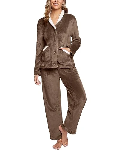 Womens Pyjamas Set Coral Fleece Pyjamas Fluffy Warm Nightwear Loungwear Long Sleeve Button Tops and Bottoms PJs Thickened Sleepwear for Ladies