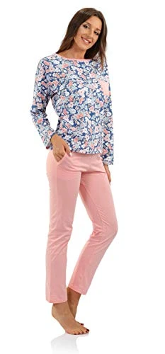 ® Womens Pyjamas Set Cotton 100% 2 Piece Sleepwear Long or 3/4 Pants with Pocket & T-Shirt Loungewear Ladies Pjs Nightwear (XXL, Karol L Morela)