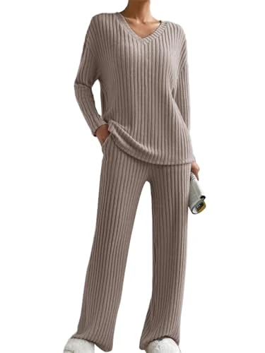 Womens Pyjamas Set Nightwear Ladies Ribbed Lounge Wear Sets for Women UK 2 Piece Outfits Tracksuit Leisure Co Ord Sets Long Sleeve Jumpers and Wide Leg Trousers with Pockets