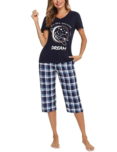 Women's Pyjamas Set Soft Cotton Sleepwear Loungewear Short Sleeve Print Top and Checked Capri Pants Pjs Set