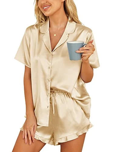 Womens Pyjamas Silk Satin Set Short Sleeve Button Down Short Sleeve Sleepwear Yellow XL