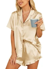 Womens Pyjamas Silk Satin Set Short Sleeve Button Down Short Sleeve Sleepwear Yellow XL