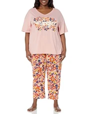 Women's Pyjamas, V-Neck, Short Sleeves, Graphic T-Shirt and Printed Trousers Pajama Set, Rose Flower, XL