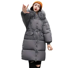 Womens Quilted Coat Puffer Fur Collar Hooded Long Down Cotton Jacket Parka Warm Winter Outwear （Gray,XL
