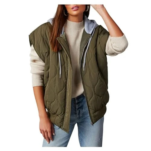 Women's Quilted Gilet Zip Hooded Padded Vest Solid Sleeveless Cardigan Jacket Loose Coat